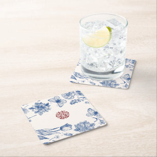 Posavasos Cuadrado De Papel Elegante Flor Doble Xi Boda China
