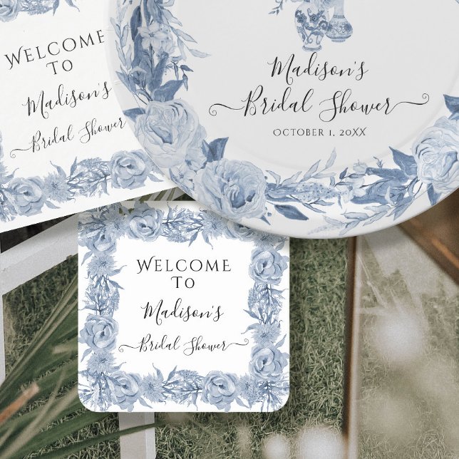 Posavasos Cuadrado De Papel Elegante Floral Blue Chinoiserie Bridal Shower (Subido por el creador)