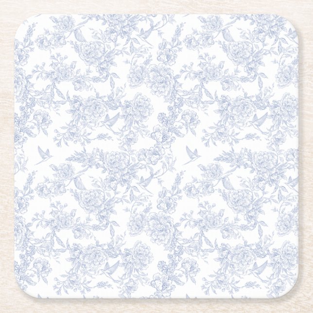 Posavasos Cuadrado De Papel Elegante Floral Blue French Toile (Anverso)