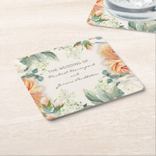 Posavasos Cuadrado De Papel Elegante Floral de Bodas Novia Novio Crema Melocot