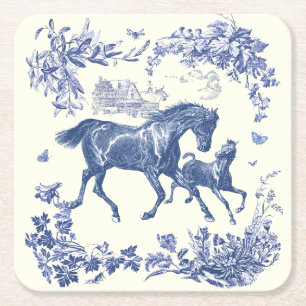 Posavasos Cuadrado De Papel Elegante Floral de caballos azules de época