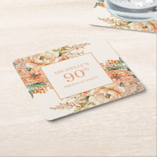 Posavasos Cuadrado De Papel Elegante Floral de Crema de Melocotón Cumpleaños 9