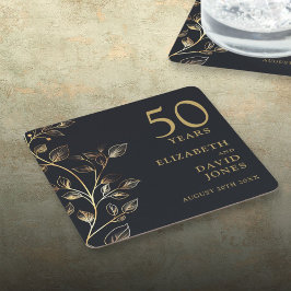 Posavasos Cuadrado De Papel Elegante floral de oro 50° aniversario Boda