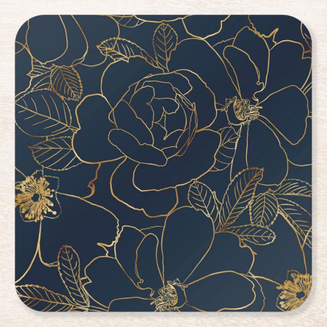 Posavasos Cuadrado De Papel Elegante floral de Rosas de oro azul (Anverso)
