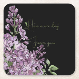 Posavasos Cuadrado De Papel Elegante Floral Lila con Cita Positiva