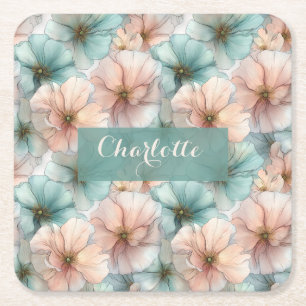 Posavasos Cuadrado De Papel Elegante floral personalizado rosa y verde vintage
