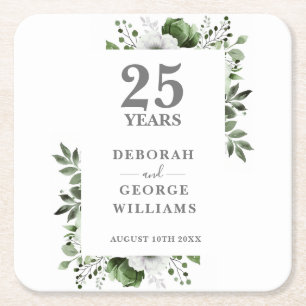 Posavasos Cuadrado De Papel Elegante Floral Plata Aniversario de Bodas de 25 A