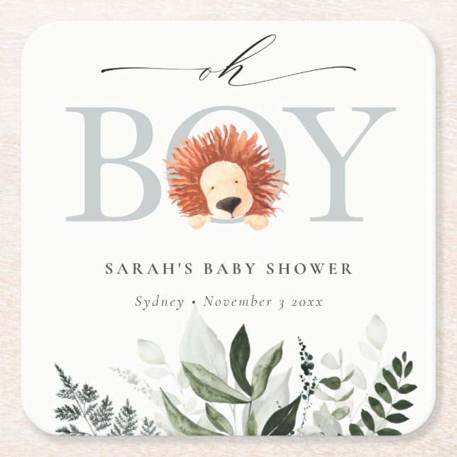 Posavasos Cuadrado De Papel Elegante Foliage Cute Boho Lion Oh Boy Baby Shower (Anverso)