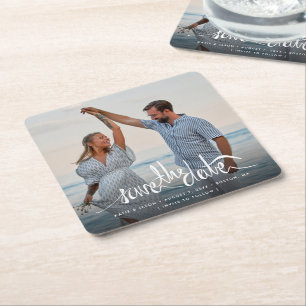 Posavasos Cuadrado De Papel Elegante Foto Única Boda Guardar la Fecha