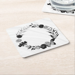 Posavasos Cuadrado De Papel elegante gris plateado y floral negro