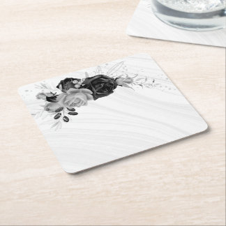 Posavasos Cuadrado De Papel elegante gris plateado y floral negro