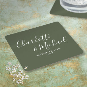 Posavasos Cuadrado De Papel Elegante guión de firma Bodas en verde oliva