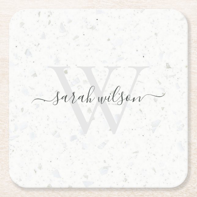 Posavasos Cuadrado De Papel Elegante guión Monograma de Gris marfileño Terrazz (Anverso)