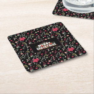 Posavasos Cuadrado De Papel Elegante Hojas Verdes De Oro Y Berries Rojas Holly