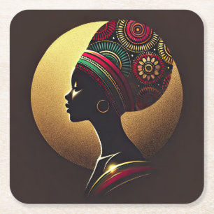 Posavasos Cuadrado De Papel Elegante Ilustracion de retrato de mujer africana