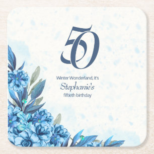 Posavasos Cuadrado De Papel Elegante invierno Flores blancas azules 50 cumplea