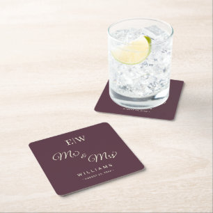 Posavasos Cuadrado De Papel Elegante Laca Sencilla de Cerezo, Boda de Monogram