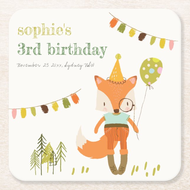 Posavasos Cuadrado De Papel Elegante lindo Woodland Fiesta Fox Kids Cumpleaños (Anverso)