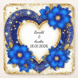 Posavasos Cuadrado De Papel Elegante marco de corazón azul y dorado