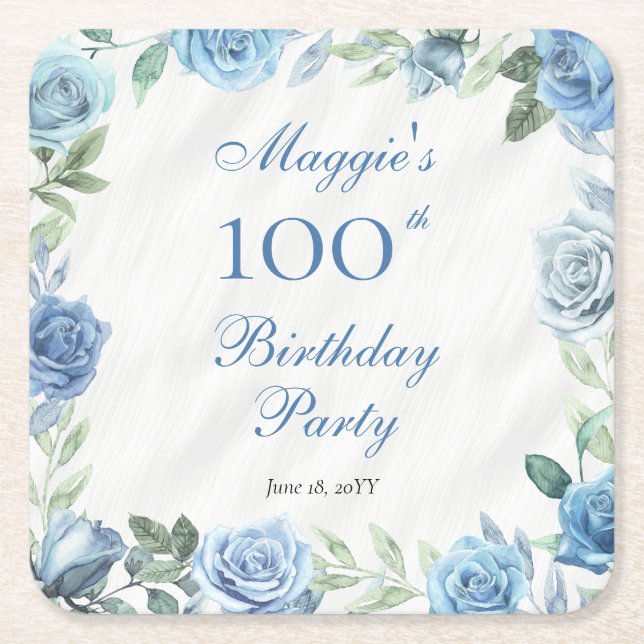 Posavasos Cuadrado De Papel Elegante marco floral azul 100 cumpleaños (Anverso)