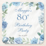 Posavasos Cuadrado De Papel Elegante marco floral azul Rosa 80º cumpleaños<br><div class="desc">Elegante azul y blanco con verde verde oscilante floral marco floral diseño de fiesta de cumpleaños.</div>