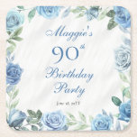 Posavasos Cuadrado De Papel Elegante marco floral azul Rosa 90 cumpleaños<br><div class="desc">Elegante azul y blanco con verde verde oscilante floral marco floral diseño de fiesta de cumpleaños.</div>