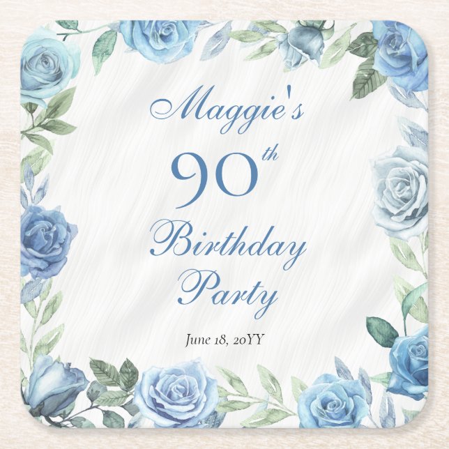 Posavasos Cuadrado De Papel Elegante marco floral azul Rosa 90 cumpleaños (Anverso)