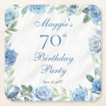Posavasos Cuadrado De Papel Elegante marco floral Rosa azul 70 cumpleaños<br><div class="desc">Elegante azul y blanco con verde verde oscilante floral marco floral diseño de fiesta de cumpleaños.</div>