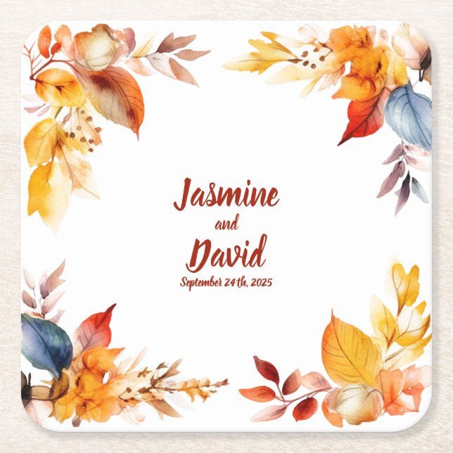 Posavasos Cuadrado De Papel Elegante marco otoñal: montaña rusa Boda personali (Anverso)