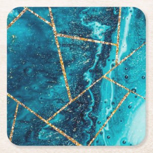 Posavasos Cuadrado De Papel Elegante Monograma Chic Geoda de Ágata Dorada Azul