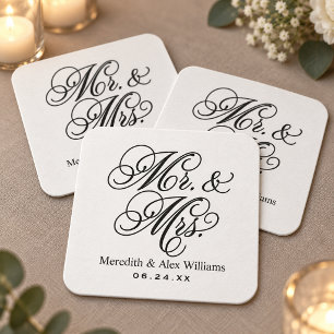Posavasos Cuadrado De Papel Elegante Monograma de Boda Mr y Mrs Blanco