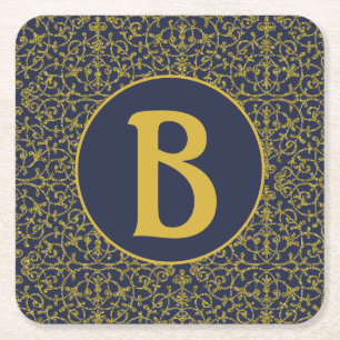 Posavasos Cuadrado De Papel Elegante Monograma de Filigrana Azul y Dorado