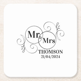 Posavasos Cuadrado De Papel elegante monograma de sr y sra negro y blanco boda