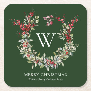 Posavasos Cuadrado De Papel Elegante Monograma Feliz Navidad Wreath