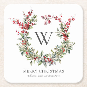 Posavasos Cuadrado De Papel Elegante Monograma Feliz Navidad Wreath