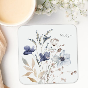 Posavasos Cuadrado De Papel Elegante Monograma Floral Azul Acuarela