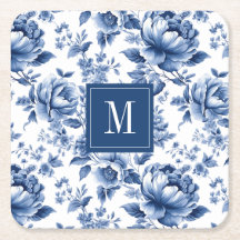 Elegante Monograma Floral Azul Vintage
