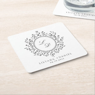 Posavasos Cuadrado De Papel Elegante Monograma Floral Simple Boda Vintage