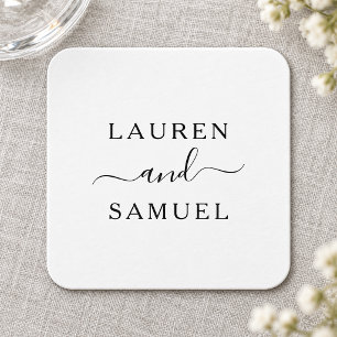 Posavasos Cuadrado De Papel Elegante Monograma Minimalista de Boda Negro
