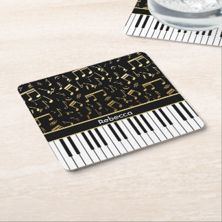 Posavasos Cuadrado De Papel Elegante música dorada nota teclas de piano