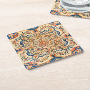 Posavasos Cuadrado De Papel Elegante Naranja azul barroco vintage italiano