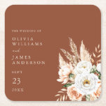 Posavasos Cuadrado De Papel Elegante Naranja quemado Terracotta Boda Floral<br><div class="desc">Bodas de color terracota naranja quemada con acentos florales de moda boho de rosas peones y pasto pampas. Fácil de personalizar con los detalles de su boda para sus huéspedes en elegante tipografía minimalista.</div>