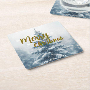 Posavasos Cuadrado De Papel Elegante Navidad Xmas invierno bosque de pinos