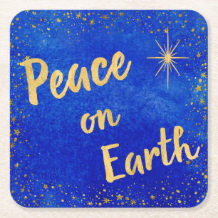 Posavasos Cuadrado De Papel Elegante Navidades de Peace On Earth Gold Stars