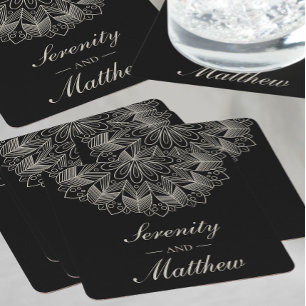 Posavasos Cuadrado De Papel Elegante negro Mandala Boho Moda Boda indio