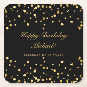 Posavasos Cuadrado De Papel Elegante negro y oro 50 cumpleaños