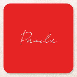 Posavasos Cuadrado De Papel Elegante Nombre Minimalista Clásico Cálido Rojo