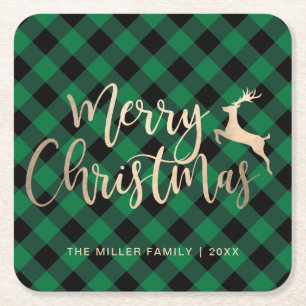 Posavasos Cuadrado De Papel Elegante Oro Feliz Navidad Negro y Verde Placa