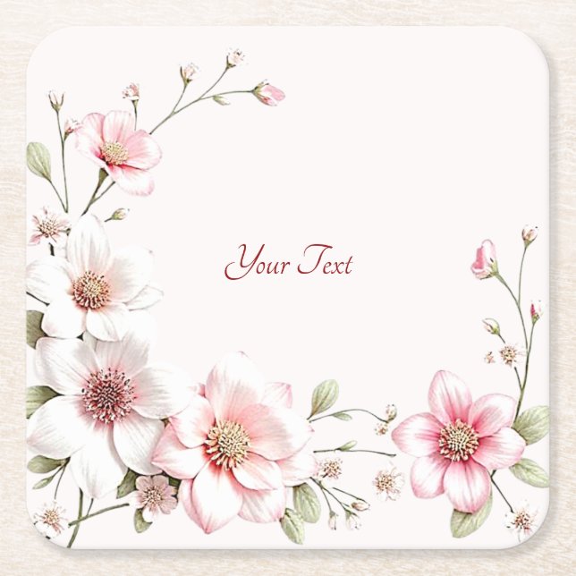 Posavasos Cuadrado De Papel Elegante Papel Floral Blanco Rosa (Anverso)