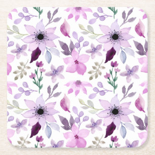 Posavasos Cuadrado De Papel Elegante patrón de flores rosadas y moradas